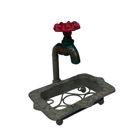 Vintage Rustic Country Metal Faucet Soap Dish 7"x 7" Red Green Farmhouse Decor - Picture 1 of 11